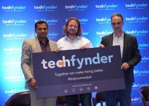 (L-R) Mr Madhu Govind, Country Head, TechFynder; Mr Brendan O Connor, Director, TechFynder & Mr Paul Guy, Global Marketing Director, TechFynder; unveiling the poster of TechFynder, at a press conference to announce techfynder’s foray into Hyderabad market and their expansion plans, today at Westin Hotel, Hitec City.