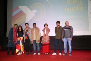 Sridhar Rangayan, Festival Director with the star cast and film director of Badhaai Do at the screening of the film at KASHISH Film Festival