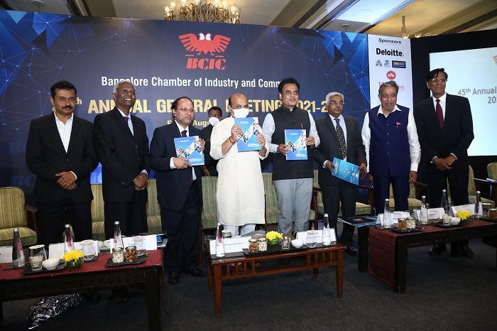 Mr. Jayakeerthi Anand, Business Head, Smart Power Division, ABB India Limited, Dr. L. Ravindran, Senior Vice President, BCIC and MD & CEO, Wealthmax Group of Companies, Mr. KR Sekar President, BCIC and Partner, Deloitte Touche Tohmatsu India LLP, Shri Basavaraj Bommai, Hon’ble Chief Minister of Karnataka, Shri Ashwath Narayan, Minister for Higher Education, IT/BT and Skill Development, Government of Karnataka, Dr. M R Jayaram, Chairman, Gokula Education Foundation (GEF), Mr. MR Jaishankar Chairman and Managing Director, Brigade Group, and Dr. S Devarajan, Vice President, BCIC and Senior Vice President, TVS Motor Co Ltd