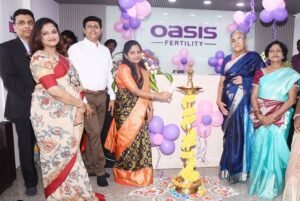 Dr Vijayalakshmi Dasari (4th from left), Clinical Head & Fertility Specialist, Oasis Fertility; lighting the lamp at the launch of the Oasis Fertility Centre at Kurnool, today. As (L to R) Dr Durga G Rao, Co-Founder & Medical Director, Oasis Fertility; Mr Sudhaker Jadhav, COO, Oasis Fertility; Dr Krishna Chaitanya, Scientific Head & Clinical Embryologist - Oasis Fertility; Dr Vahida, Professor, HOD, Viswa Bharathi Medical College, Kurnool & Dr B.T. Jayalakshmi, B.A.N.I.S Yoga Master; look on.