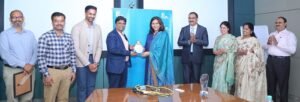 Dr B. Dayakar Rao, CEO, Nutrihub, ICAR-IIMR; felicitating Dr Sangita Reddy, Joint Managing Director, Apollo Hospitals Group; with a memento for Apollo Health City being recognized as the first Hospital in India to serve Millet Food to patients, today at Apollo Health City, Jubilee Hills, as (L-R) Mr Jay Dev, Sr Manager, Nutrihub, IIMR; Mr Sandeep, Exe Secretary to CEO, Nutrihub, IIMR; Dr Bharath Reddy, Movie Artist & Cardiologist, Apollo Hospitals; Mr Y Subramanyam, Regional CEO, Apollo Hospitals, Telangana; Ms Alekya Reddy, Head Audit, F&B, Apollo Hospitals; Ms Avanti Reddy, Vice President, F&B, Apollo Sindoori & Mr B Bhaskar Reddy, AVP, Apollo Hospitals; look on.