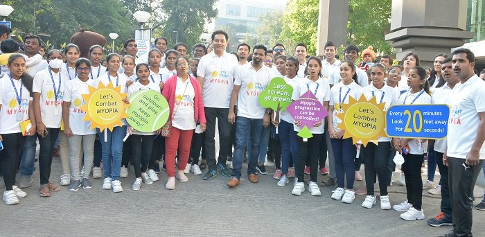Dr Ramesh Kekunnaya, Head, Child Sight Institute & Dr Pavan Verkicharla, Head, Infor Myopia Centre, L V Prasad Eye Institute; with the participants at the Children’s Eye Care Awareness Walk, hosted by L V Prasad Eye Institute, with the theme "Let’s combat Myopia" as part of the Children’s Eye Care Week, from November 14th to 20th, 2022; at LV Prasad Eye Institute, Banjara Hills, today.