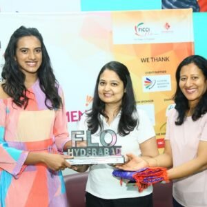 Shubhraa Maheshwari seen presenting FLO momento to PV Sindhu