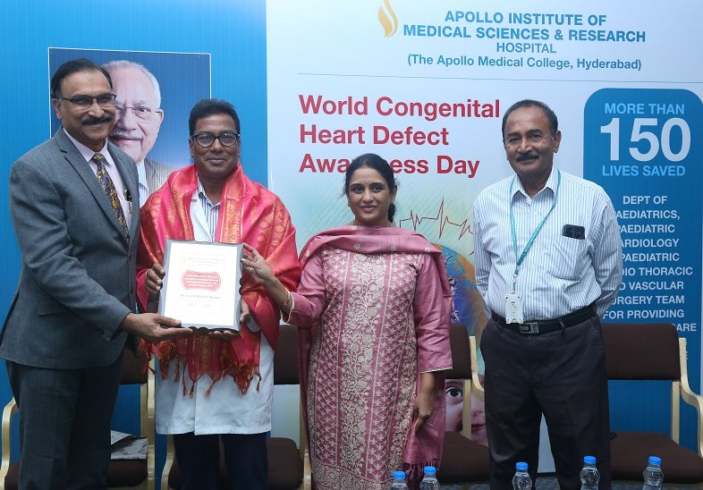 Mr Y Subramanyam (extreme left), Regional CEO, Apollo Hospitals; felicitating Dr Sunil Kumar Swain (2nd from left), Cardiothoracic & Vascular Surgeon; at the World Congenital Heart Defect Awareness Day - commemorated by Apollo Medical College (AMC) on reaching the spectacular milestone of 150 Pediatric cardiac procedures and surgeries performed for congenital heart defects in the last one year alone, at the Apollo Medical College, Hyderabad, today; as (L-R) Ms Aparna Reddy, COO, AMC & Dr Surender Reddy, Principal, AMC, look on.