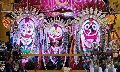 Holy Trinity Adorned in Gold for Sunabesha at Jagannath Mandir